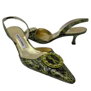 Manolo Blahnik Vintage Carolyne Green Snakeskin Slingback Kitten Heel Pumps 38.5